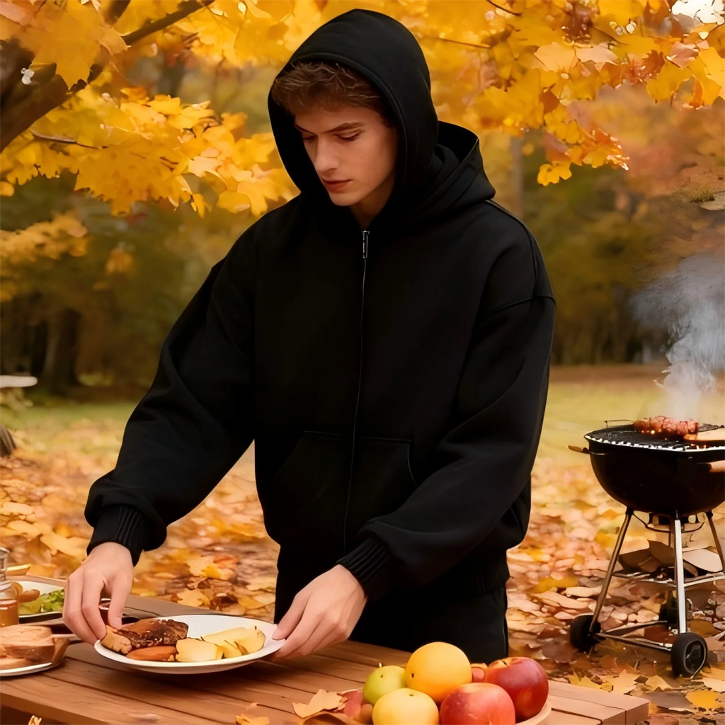 Unisex Double Hooded Fleece Sweatshirt Woman Balaclava Hoodie Half Zip Warm Outfit for Fall Winter Men Clothing Masked Outfit