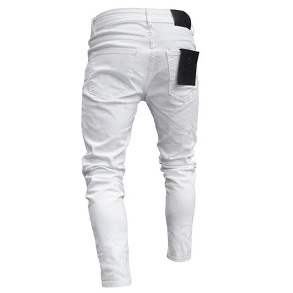 White Embroidery Skinny Ripped Jeans Men Cotton Pants