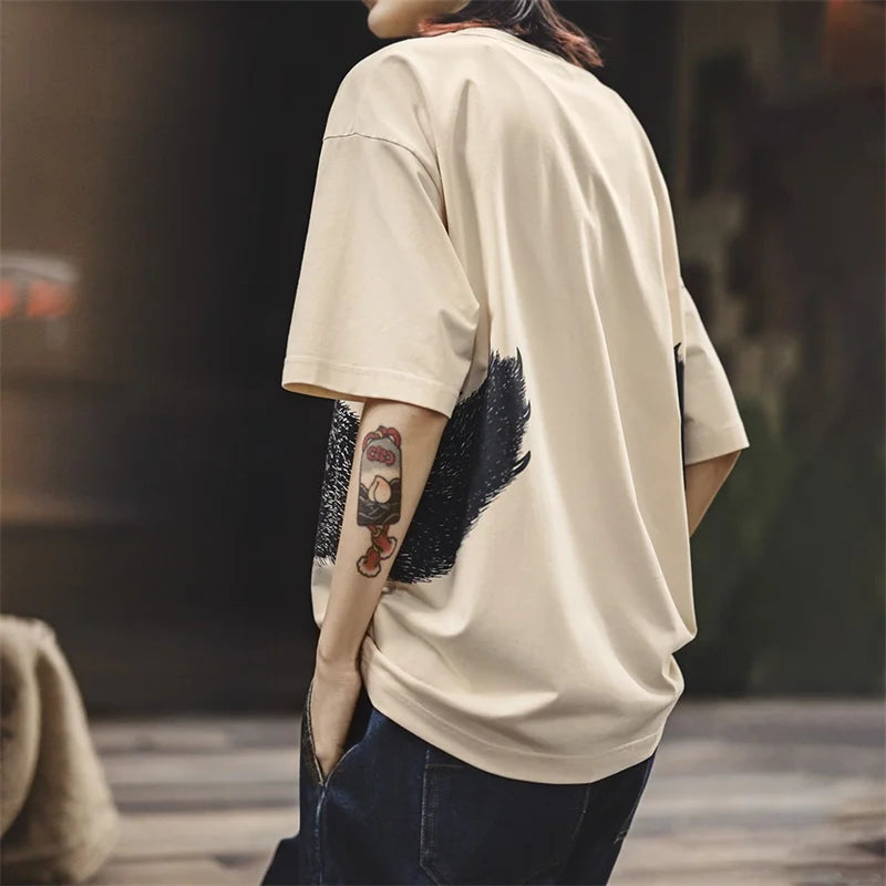 Maden Oversized Bear Print Short Sleeve T-Shirt Women's Summer Apricot Loose Fit Ribbed Crew Neck Tee Cute Casual Street Tops