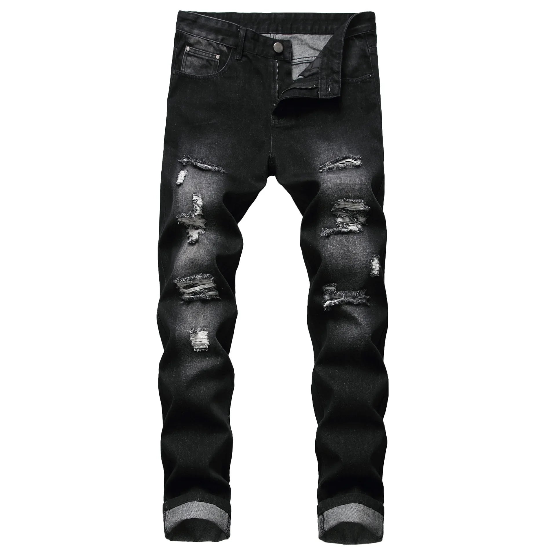 Cross-Border Men's Wear Ripped Straight-Leg Slim Fit Smooths Your Silhouette No Stretch Jeans Light-Colored Denim Trousers Amazo