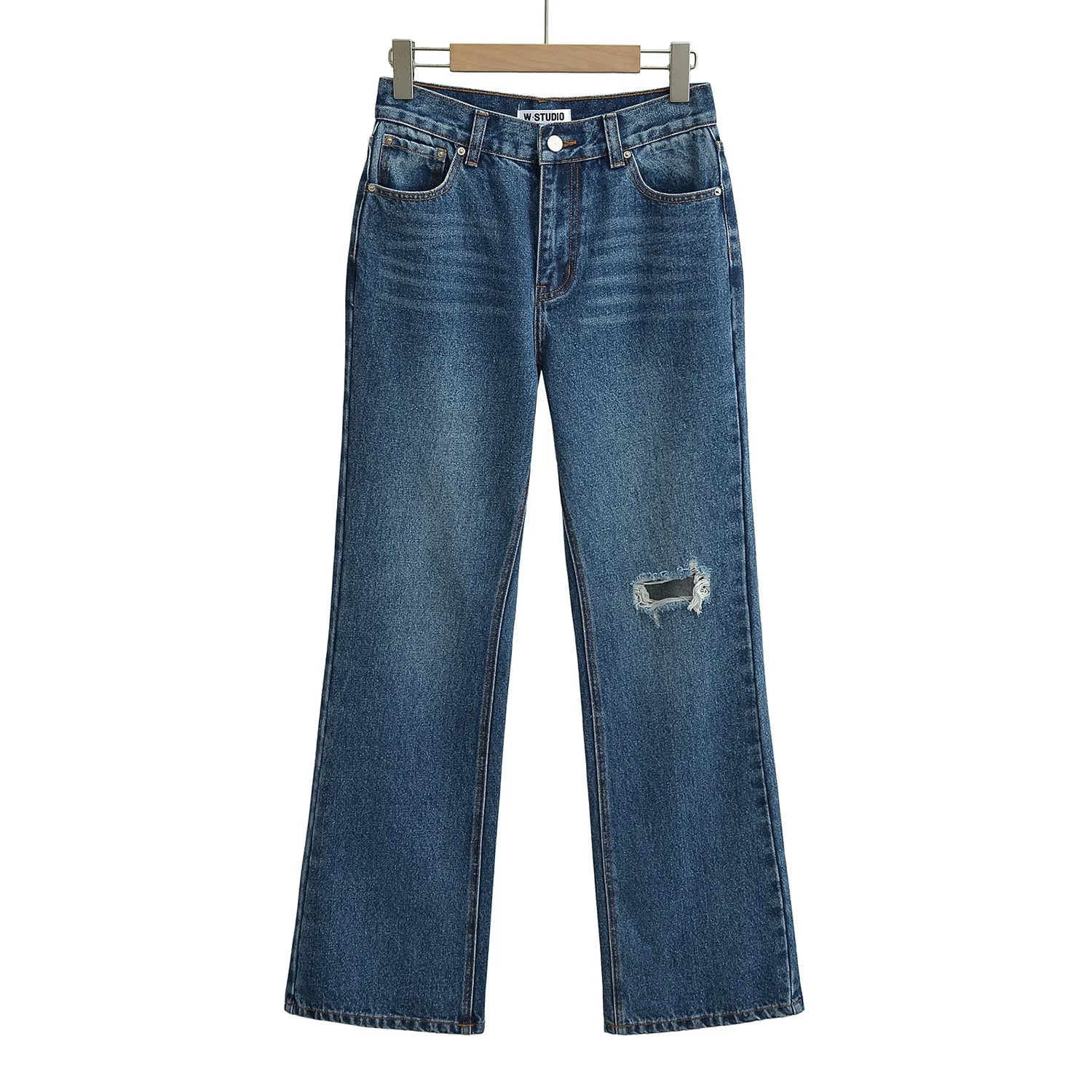 High‑Waist Straight‑Leg Distressed Jeans — Relaxed Fit with Knee Rip & Washed Finish