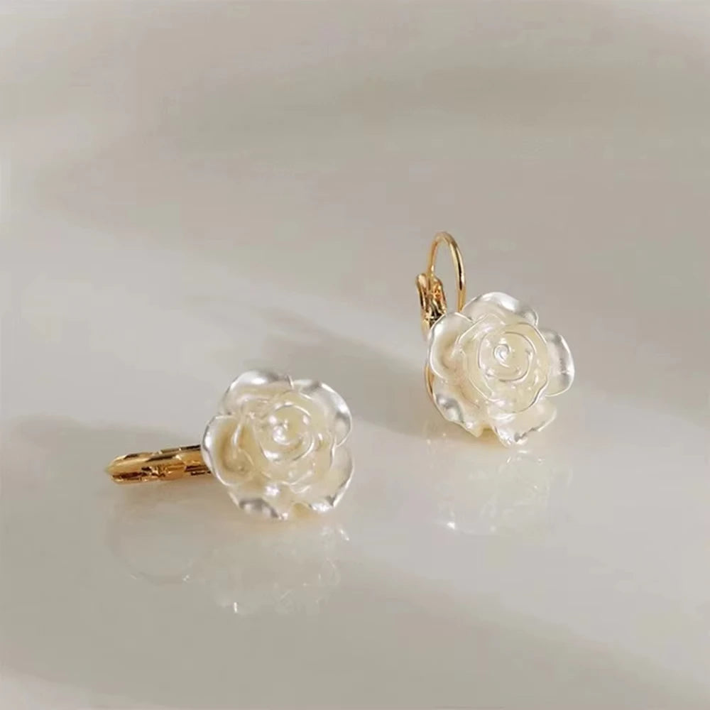 White Camellia Flower Dangle Earrings For Women