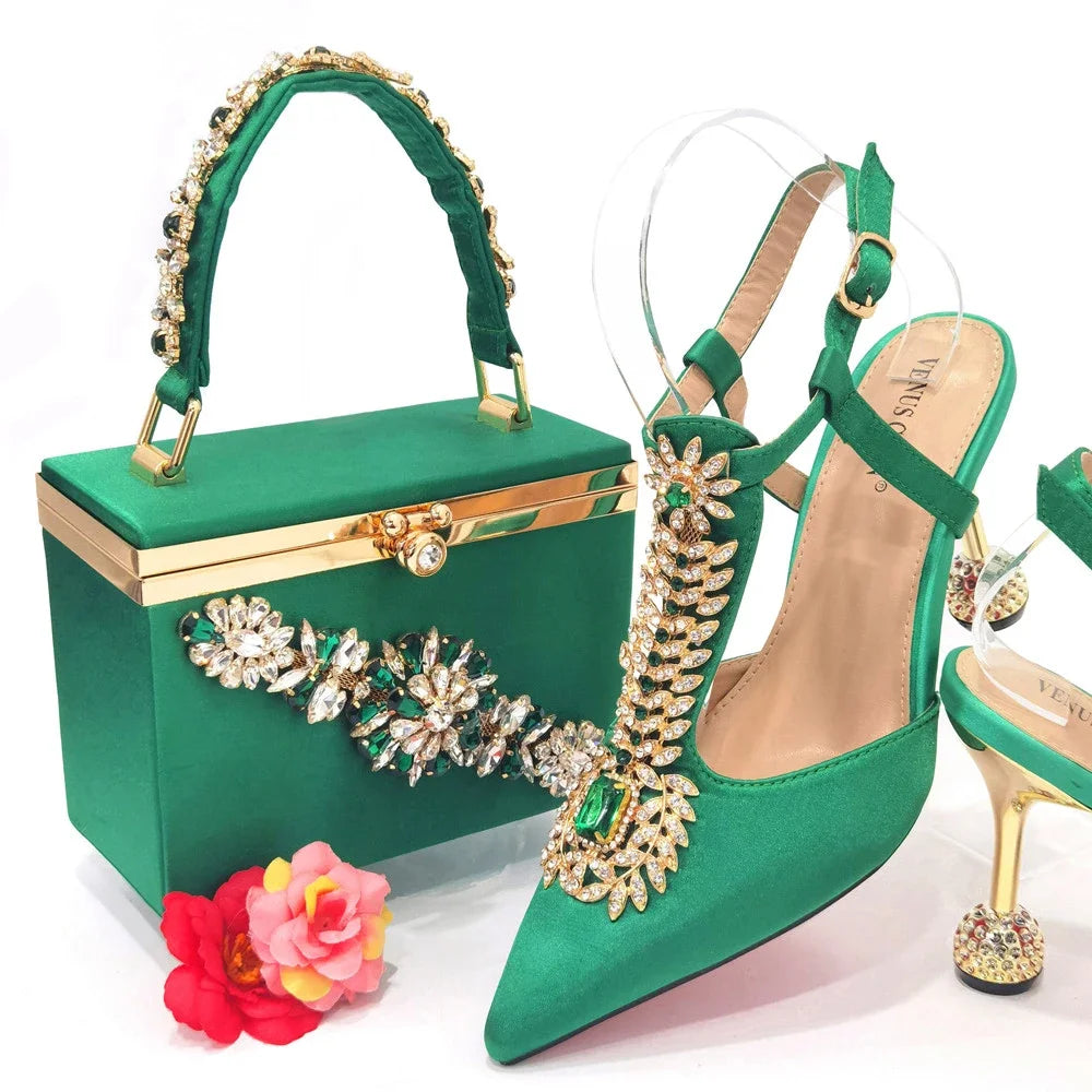 Pointed Toe Wedding Shoes And Bag, Full Diamond Decoration Metal Closure Bag