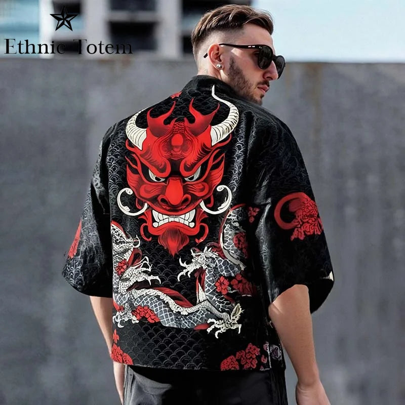 Demon Samurai Dragon Print Kimono Shirt Clothing Japanese Kimono Yukata Harajuku Cardigan for Men Traditional Haori Kimono Women