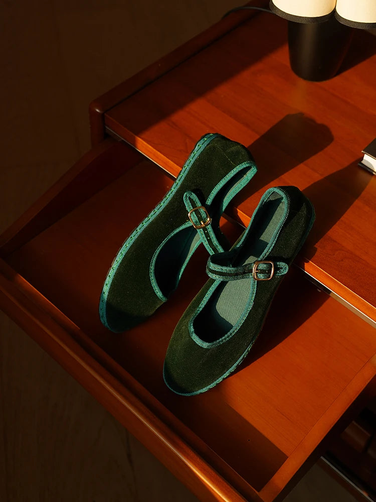 Velvet Mary Jane Shoes for Women Hand Stitch Casual Streetwear Ballet Flats Pumps Female Solid Color Red Cloth Shoes Loafers