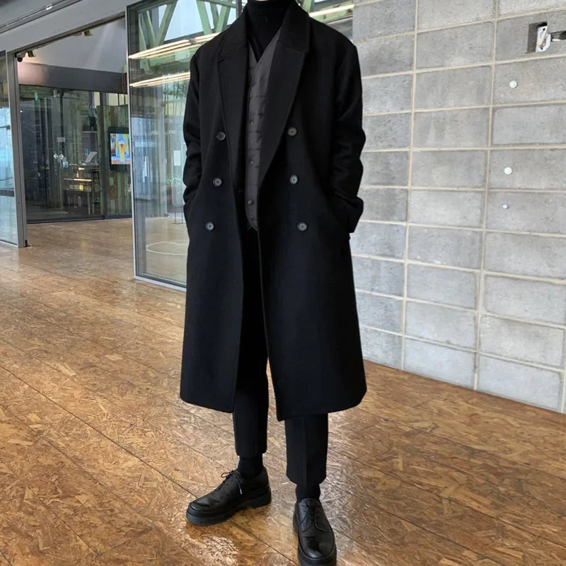 Manteau d'automne-hiver pour homme, nouvelle collection 2023, en laine de style coréen, mi-long, épaissi, avec double boutonnage et finition haut de gamme.