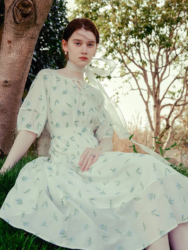 FSLE French Embroidery Floral Design Summer Long Dress For Women Lantern Sleeve High Waist Loose Dress 24FS12269