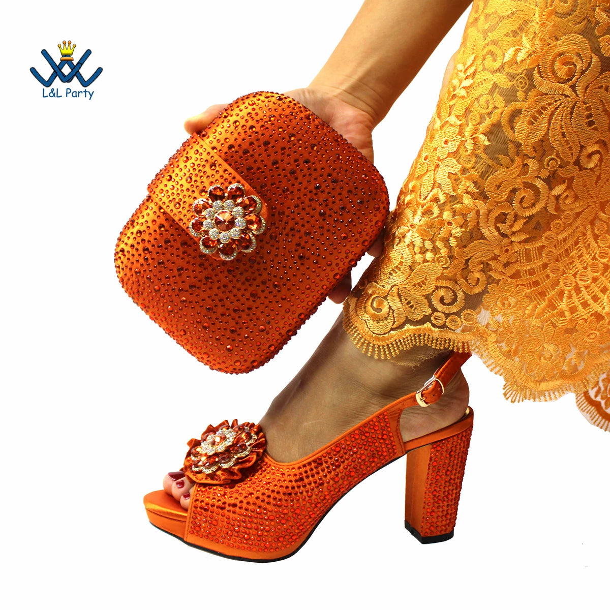 Peep Toe Spring Autumn Lady Shoes and Bag Set in Gold Color