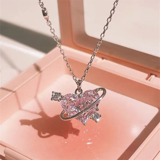 Y2K Pink Planet Heart Zircon Pendant Necklaces For Women
