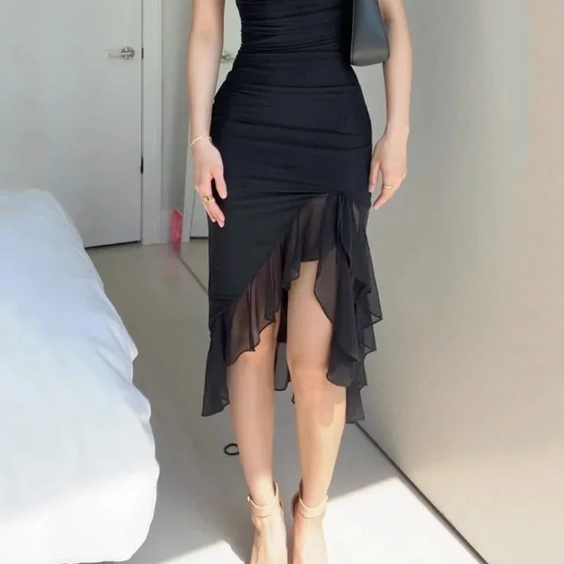 Elegant Solid Sleeveless Nipped Waist Slim Backless Ruffled Party Dresses