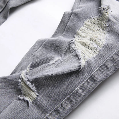 Men Snake Embroidery Gray Denim Jeans Holes Ripped Stretch Pants