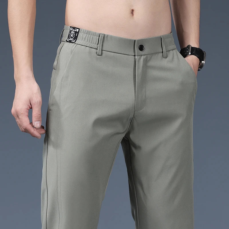 Summer Thin Ice Silk Stretch Men's Pants Business Casual Elastic Waist Smooth Trouser Suit Pants Male Brand Clothing
