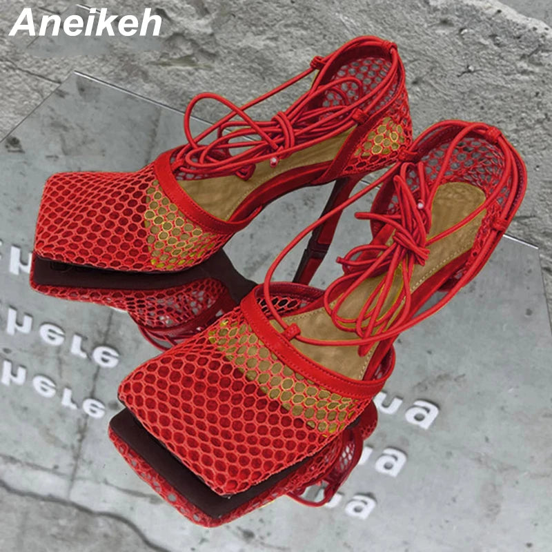 Aneikeh 2025 Summer Sexy Mesh Pumps Sandals Female Square Toe High Heel Lace Up Cross-Tied Stiletto Hollow Dress Party Shoes