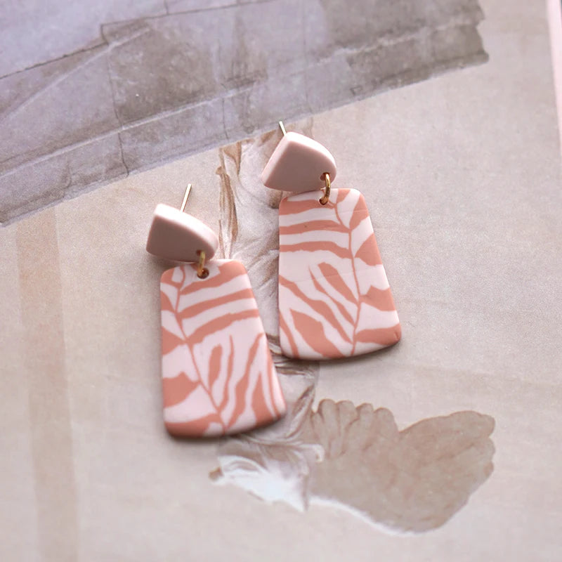 Floral Leaf Zebra Pattern Dangle Pendant Clay Earrings