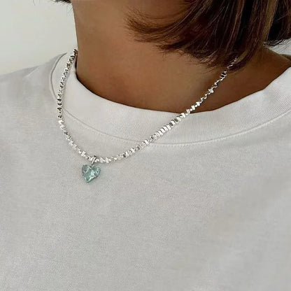 Irregular Beads Chain With Crystal Heart Pendant Necklace for Wome