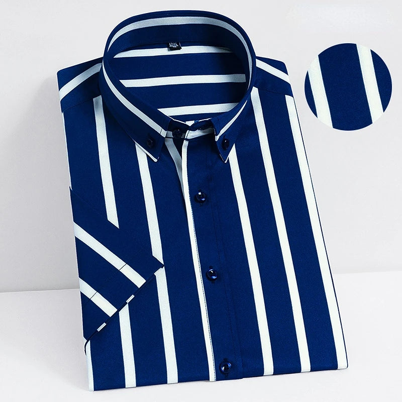 2023  Regular Fit Short Sleeve Strech Striped Shirts for Men Summer Soft Business Men's Dress Shirt Casual