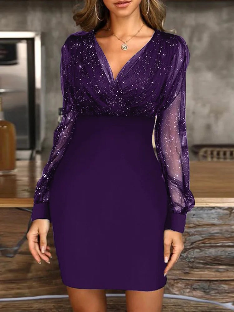 Sexy V-Neck See Through Long Sleeve Dress