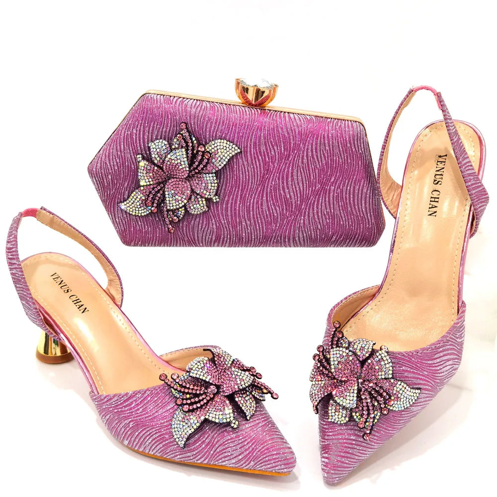 Pointed Rhinestone Stiletto High Heels Royal Pink Shoes And Bags Women