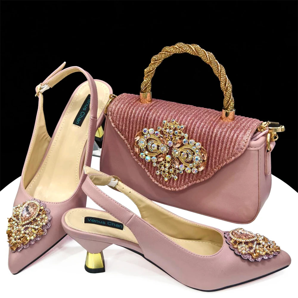 Women's Pink High Heel Frosted Crystal Shiny Rhinestone Party Pointed Shoes And Bag