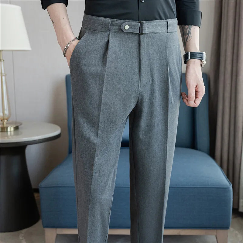 New Summer Men’s Suit Pants Solid Color Korean Slim Smart Casual Ankle-Length Pants Men Wedding Dress Office Suit Trousers Man