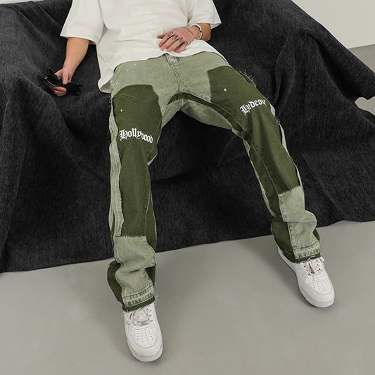 Vintage Distressed Jeans Green Graffiti Men's Flared Denim Jean
