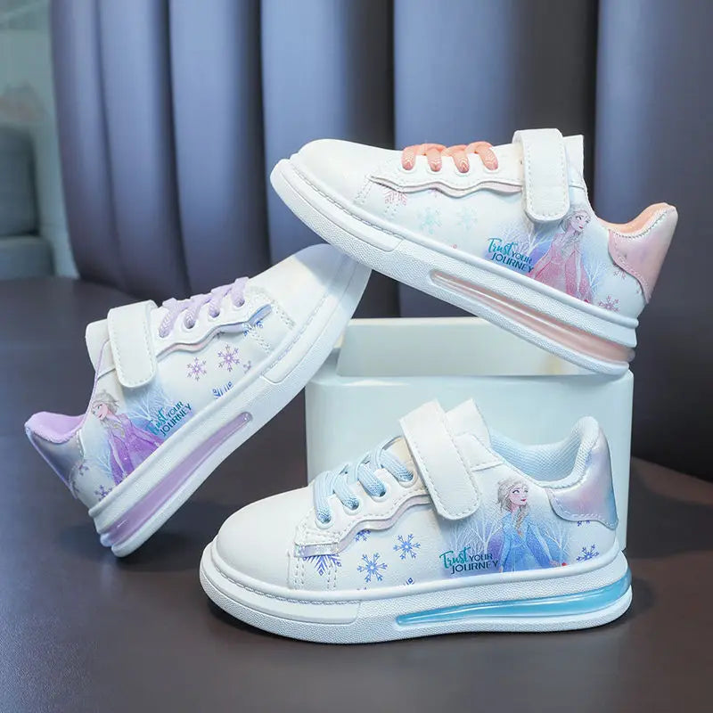 Disney Girls' White Shoes PU Leather Cartoon Princess Elsa Frozen Shoes Spring Girl Baby Waterproof Sports Shoes Flats Size 26-3