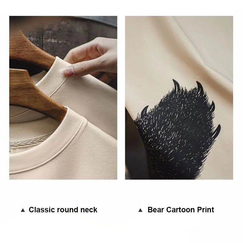 Maden Oversized Bear Print Short Sleeve T-Shirt Women's Summer Apricot Loose Fit Ribbed Crew Neck Tee Cute Casual Street Tops