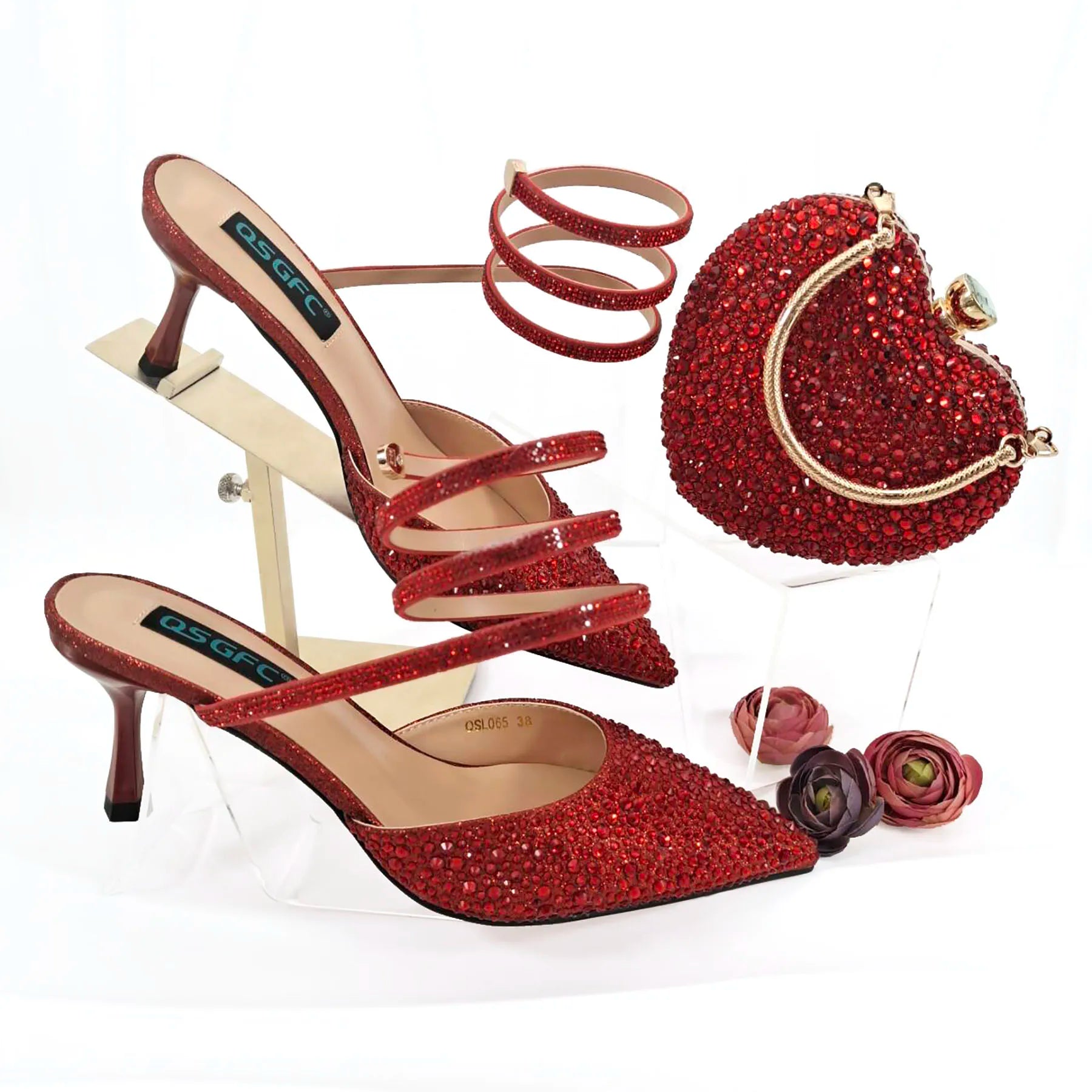 Shoes And Bag Full Diamond Women's Pointed Toe High Heels