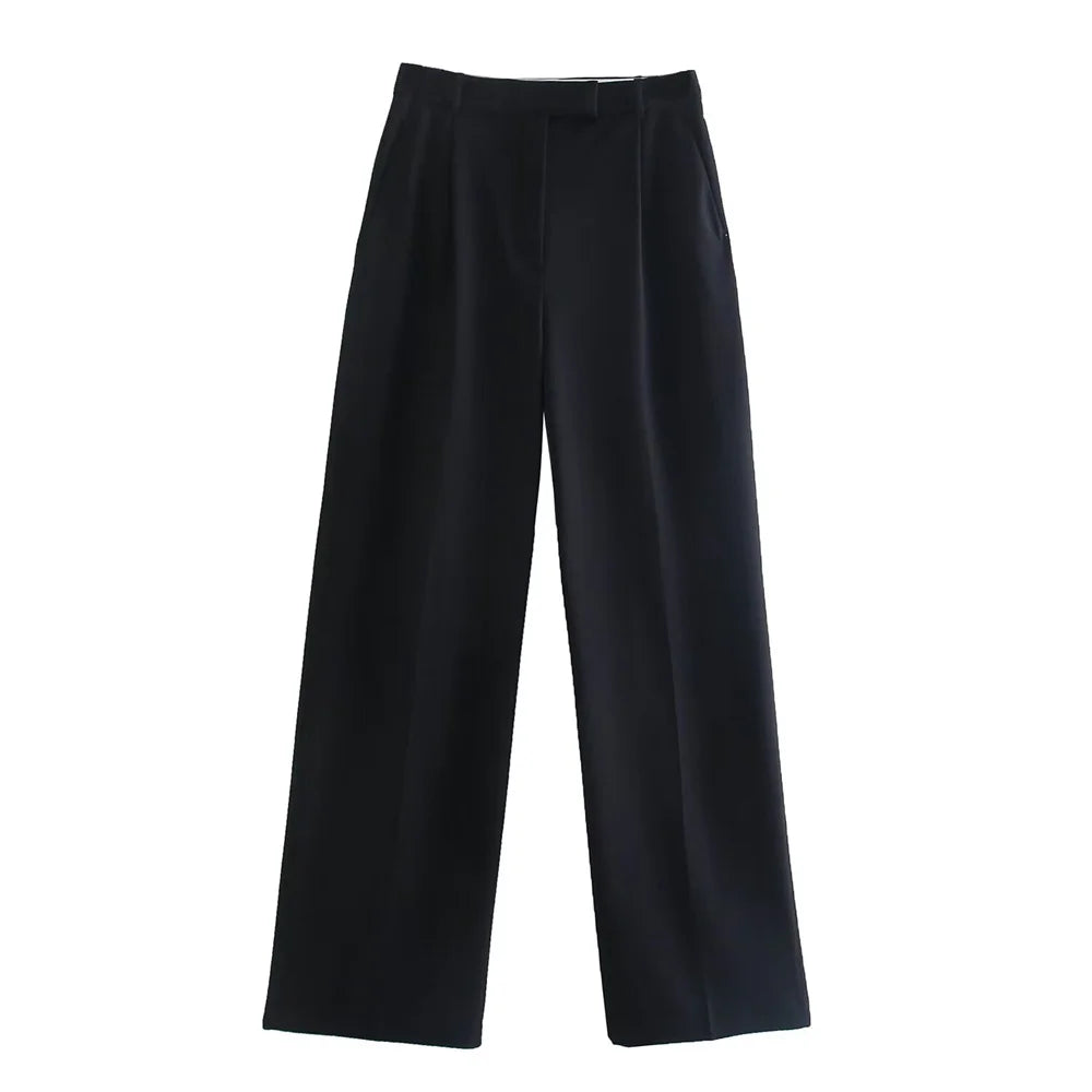 PB&ZA 2024 Women's New Straight Loose Pants for Professional Commuter Small Pleated High Waist Wide Leg Pants