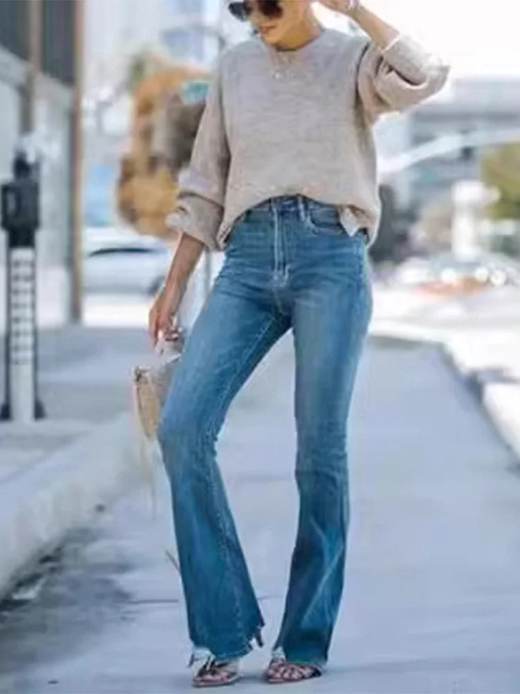 Denim Pants with Pocket Women Vintage Midi Waist Zipper Full Length Trouser Female Do Old Washed Bottom Plus Size Wide Leg Pant