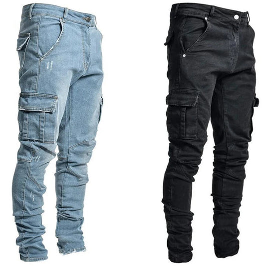 Men's Pocket overalls Denim Pants Stretch cotton Solid color Casual Jeans