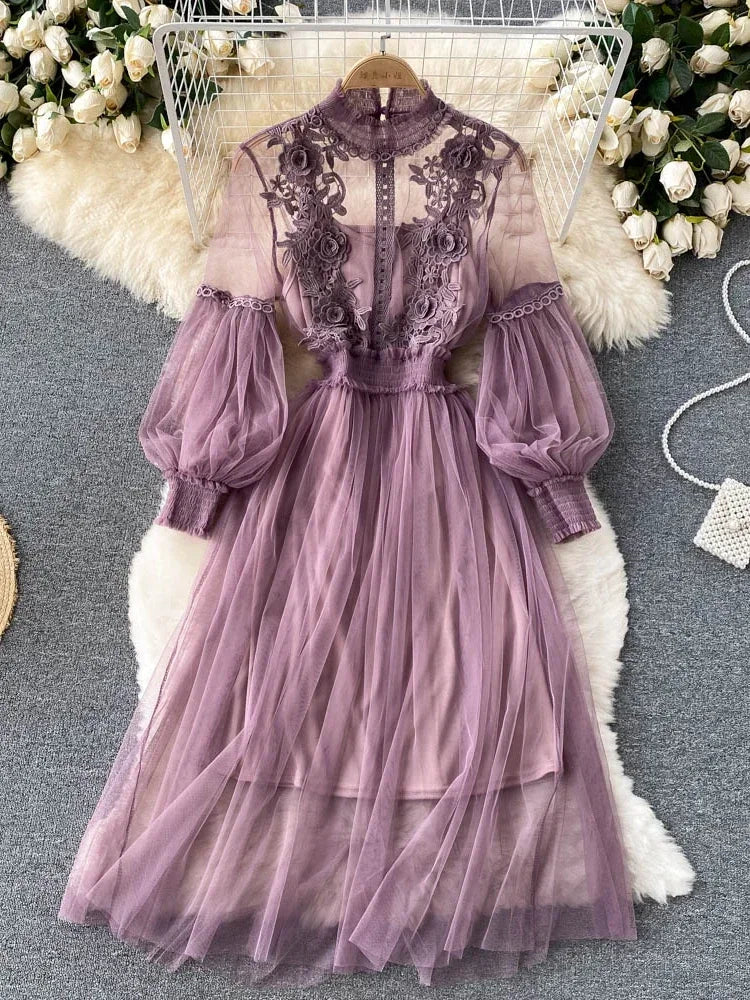 Three-dimensional Flower High Waist Slim Female Dresses
