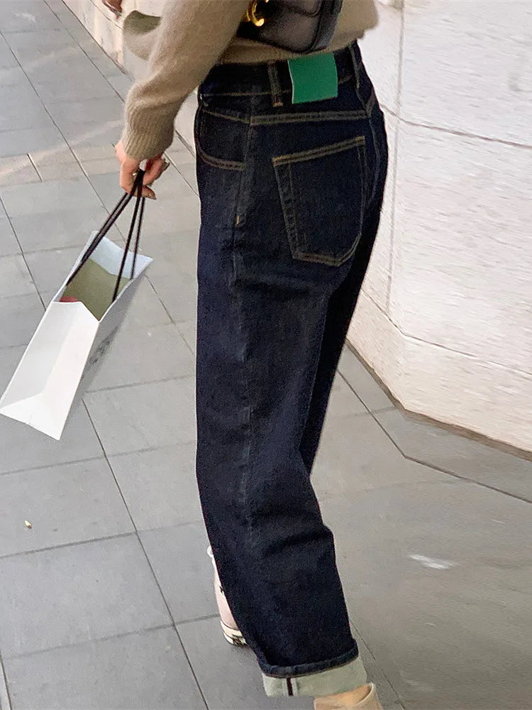 2023 Korean Y2K Fashion Dark Blue Cropped Haren Jeans Pants For Women Clothing Straight Casual Luxury Lady Trousers Ropa Mujer