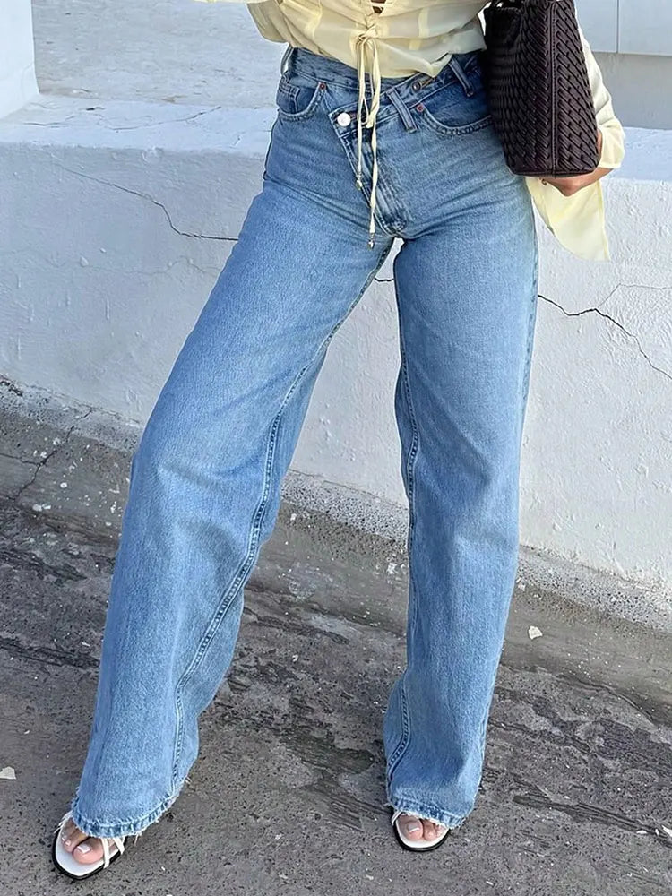 TRAFZA Straight Jeans For Women Spring Autumn Fashion High Waist Zipper Fly Denim Pants Y2K High Street Lady Jeans Trousers