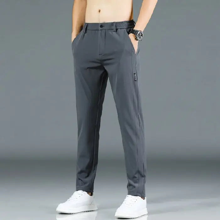 Elastic Men's Casual Trousers Summer Ultra-thin Ice Silk Slim Straight Business Pants Quick-drying Sweatpants Black Gray