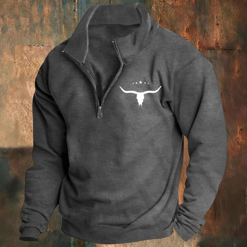 Men's Long-Sleeved Sweatshirt Autumn Winter Fleece European American Style Half-Zipper Stand-Up Collar Solid Color Bull Head Pri