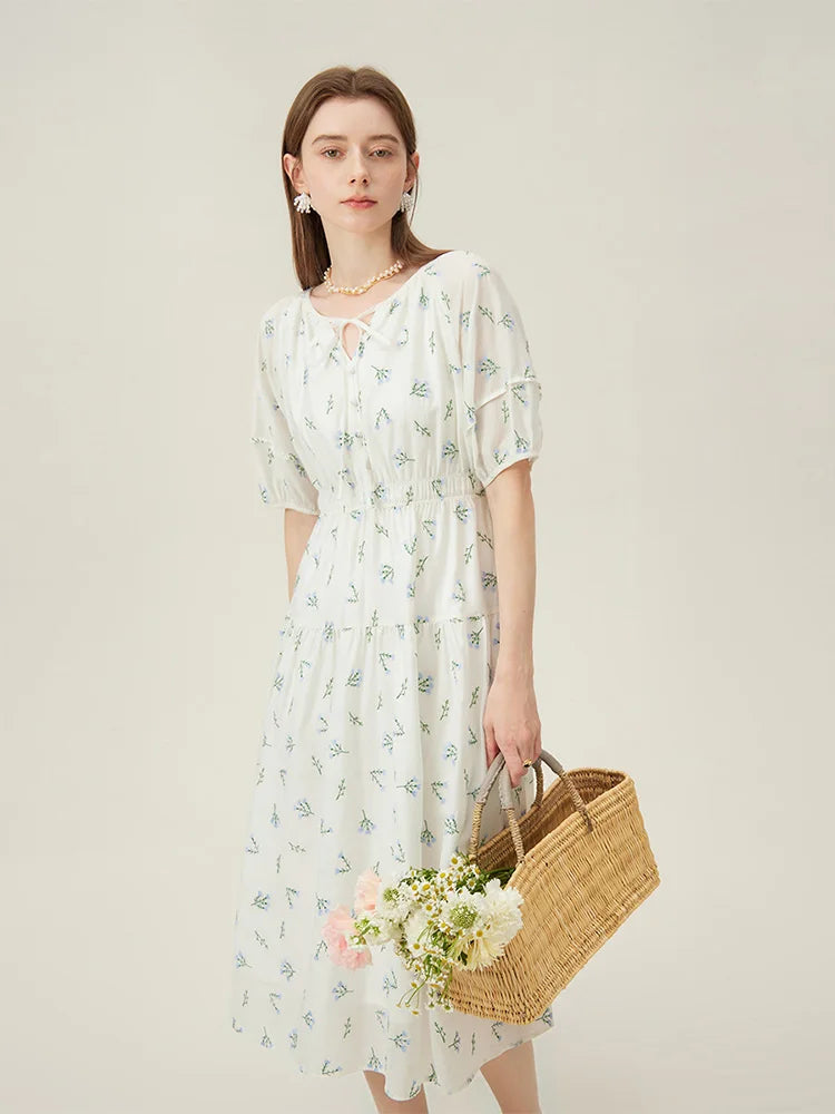 FSLE French Embroidery Floral Design Summer Long Dress For Women Lantern Sleeve High Waist Loose Dress 24FS12269