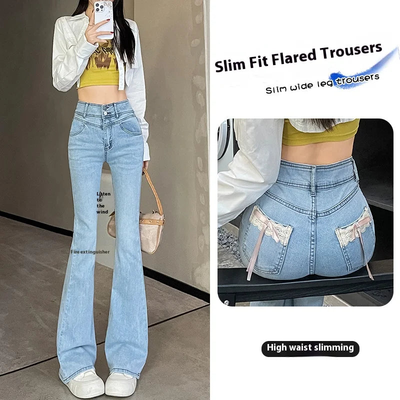 Women's New Slim Jeans Stretch Spice Girls Bow Lace Splicing Micro Jeans Female Slim High Waist Thin Horseshoe Pants Jeans