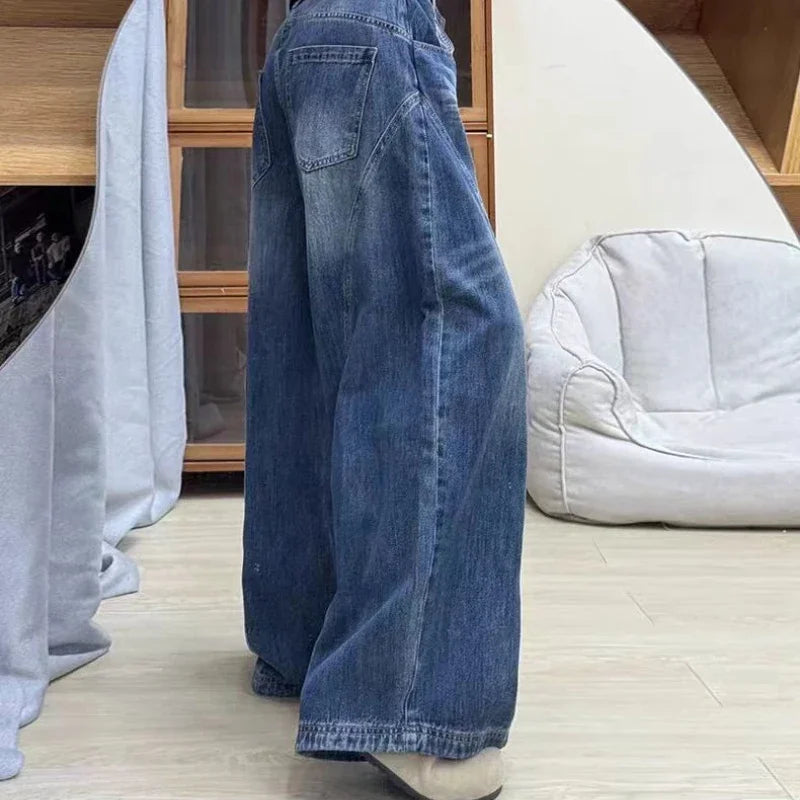 Casual Denim Pant Women Jeans Vintage Straight Trousers Autumn Spring Fashion Female Wide Leg Pants Blue Jeans