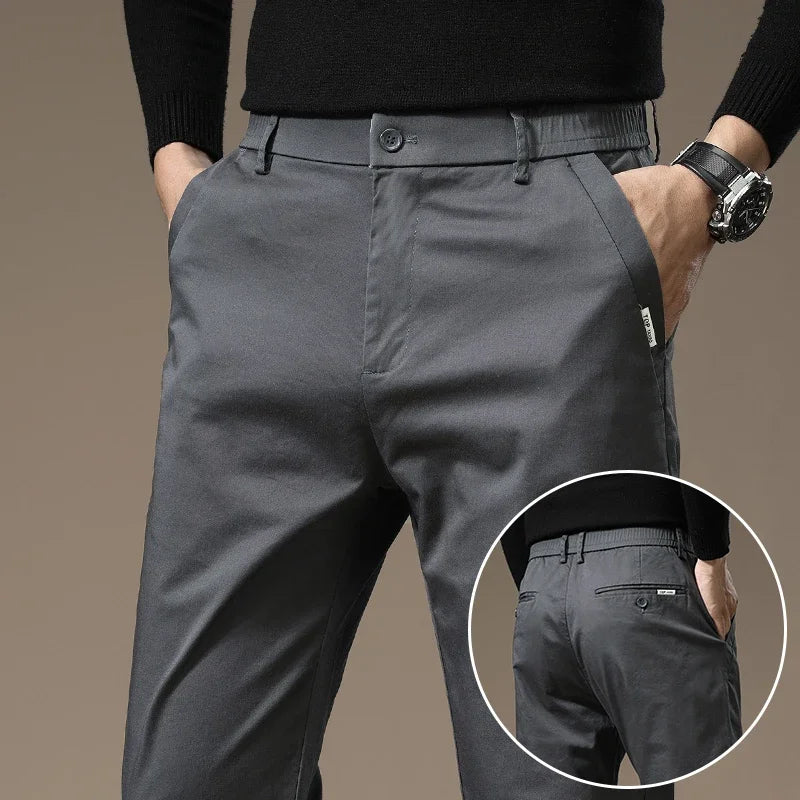 Autumn New Pure Cotton Casual Pants for Men Black Khaki Gray Business Slim Straight Elastic Fashion Casual Long Pants Male