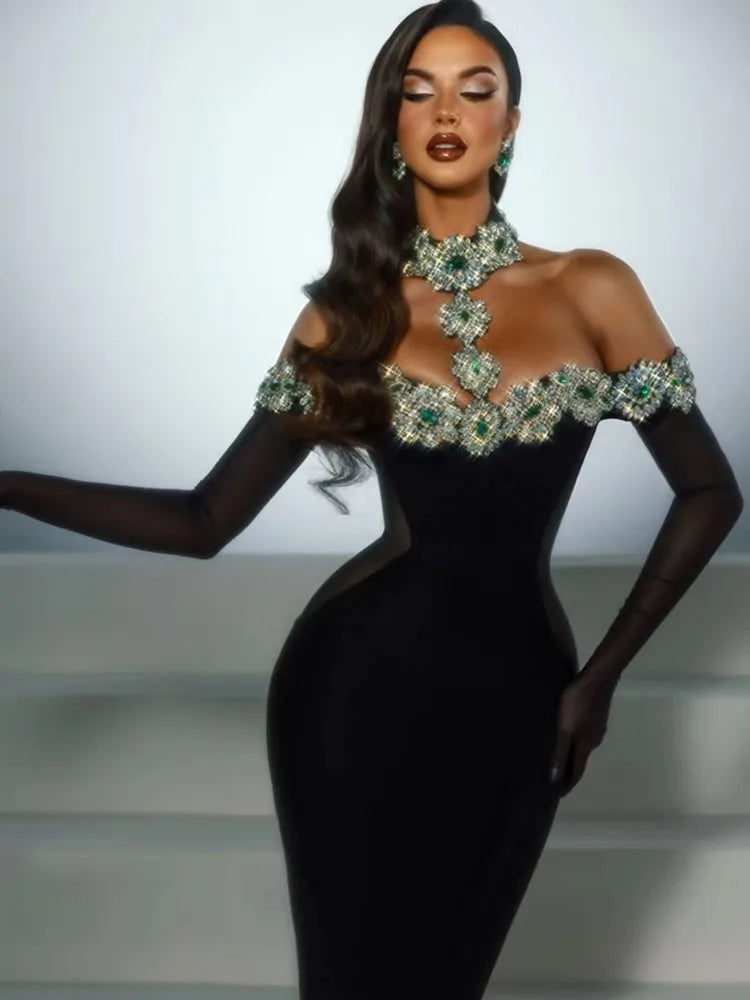 Bandage Dress Women Celebrity Sexy Diamonds Crystal Black Maxi