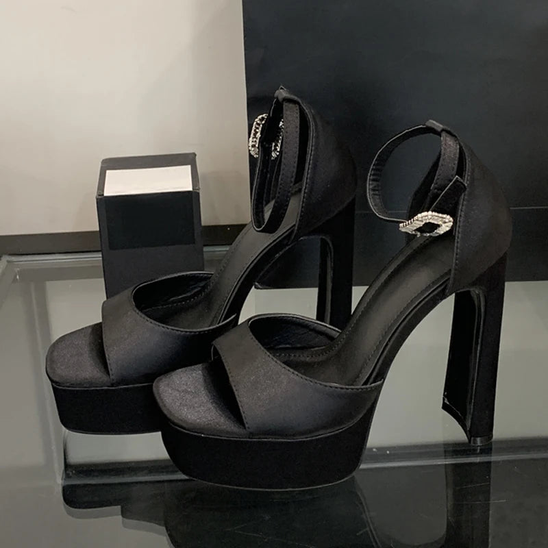 Liyke Runway Style Black High Heels Platform Sandals For Women Cozy Silk Square Toe Buckle Strap Lady Party Dress Shoes Size 40