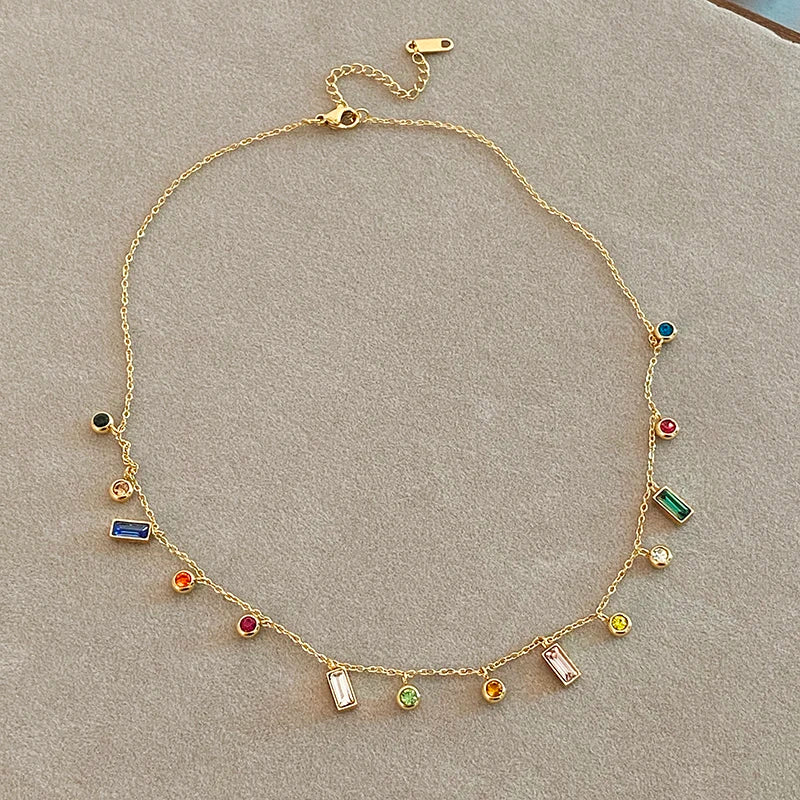 Light Luxury Stainless Steel Colorful Zircon Dopamine Short Collar Chain Necklace