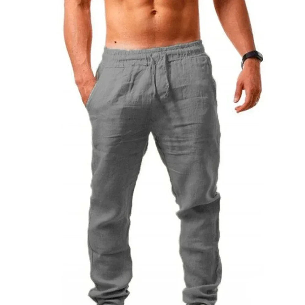 Men's Linen Pants Cotton Linen Long Pants Summer Casual Loose Drawstring