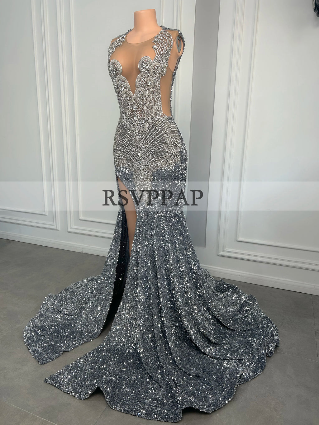Long Sparkly Prom Dresses High Slit Luxury Diamond Silver Sequin