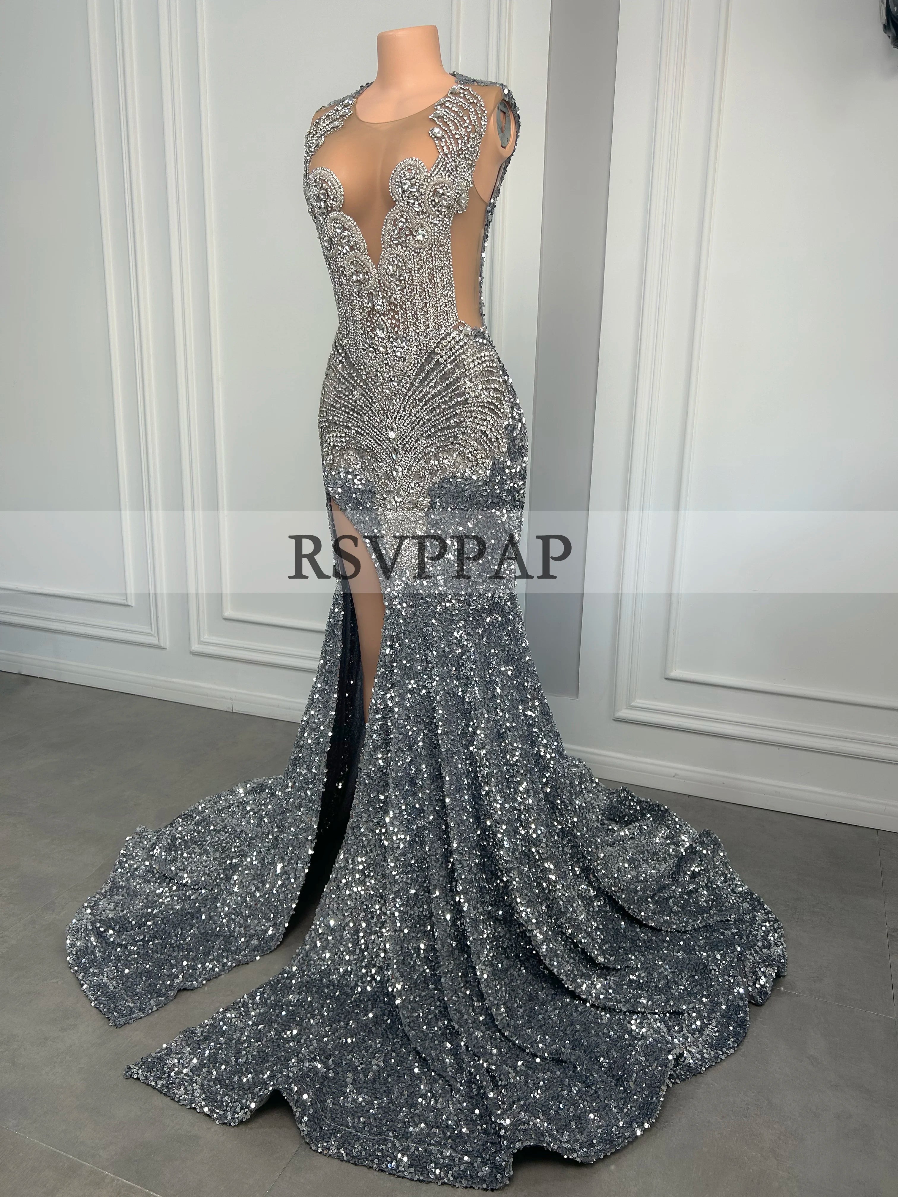 Long Sparkly Prom Dresses High Slit Luxury Diamond Silver Sequin