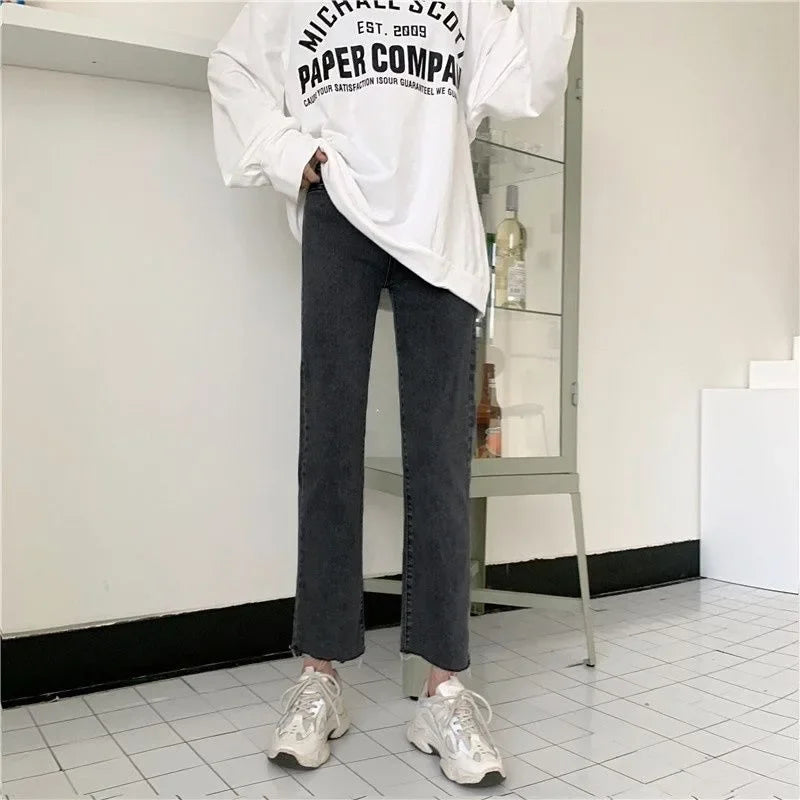 High Waist Elastic Denim Jeans Women's Loose Straight Slimming Student Versatile Small Size Nine Tube Pants Trendy