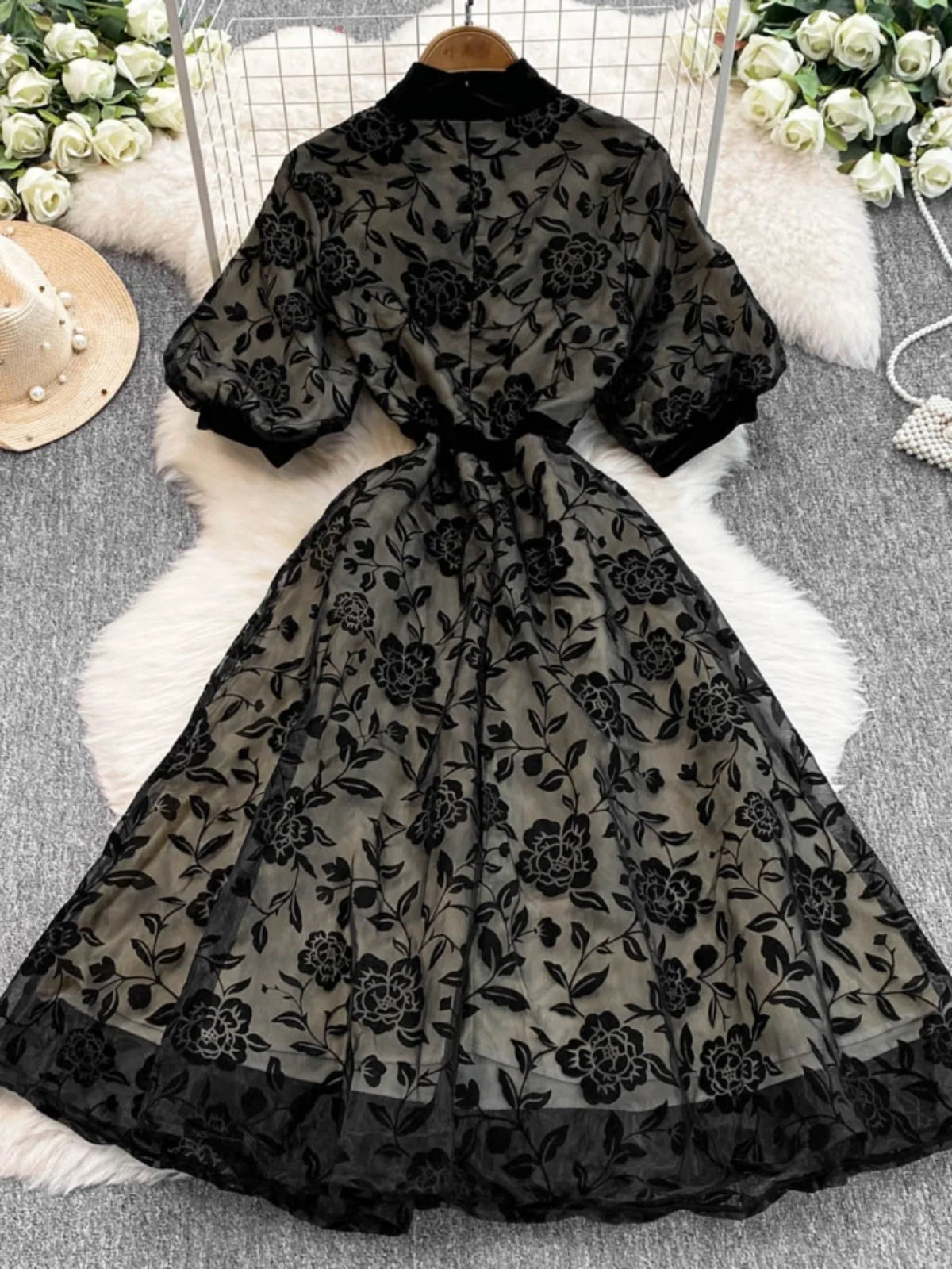Elegant Flocking Tulle Flower Long Dresses