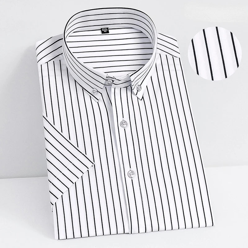 2023  Regular Fit Short Sleeve Strech Striped Shirts for Men Summer Soft Business Men's Dress Shirt Casual