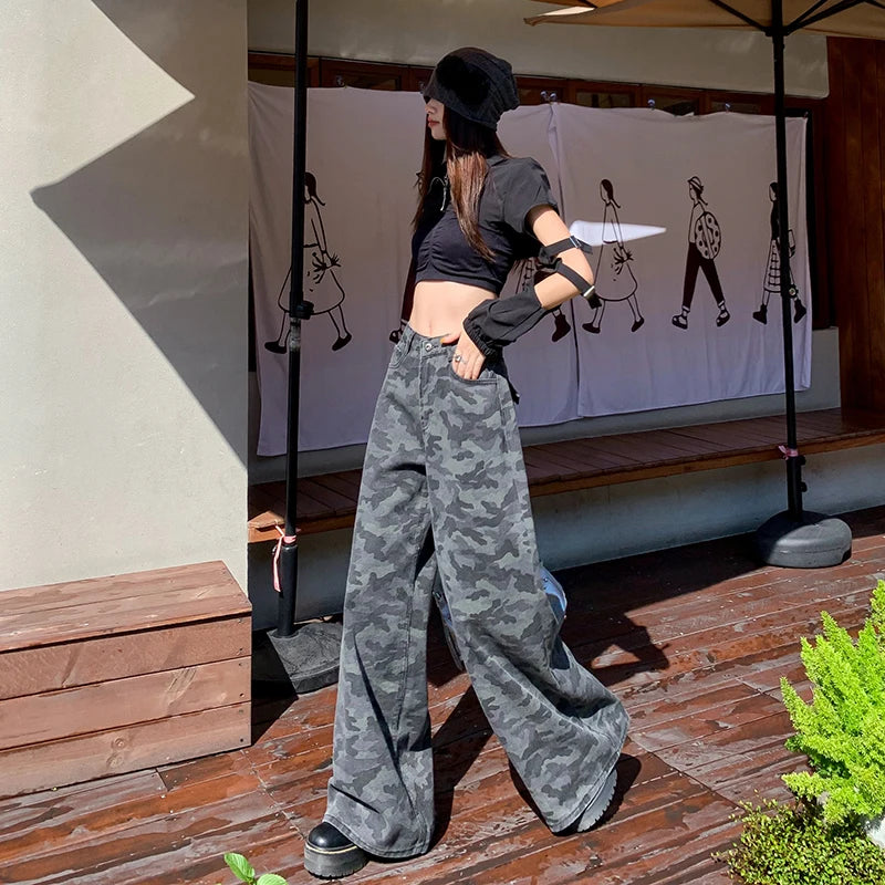 Women Pants High Waist Women's Overalls High-waist Jeans 2000s Clothes Y2k Shorts Contrast Color Gothic Style Wide Legs Jorts